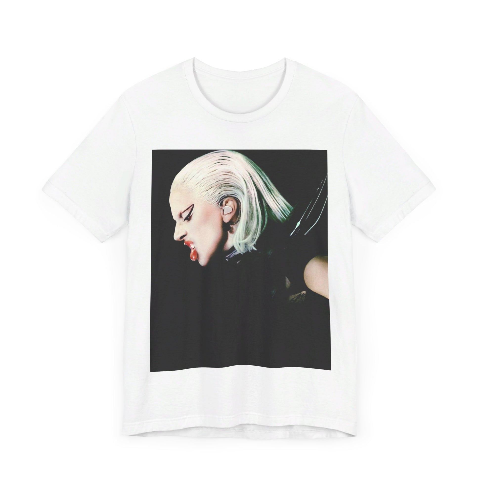 A black graphic t-shirt featuring a retro graphic related to Lady Gaga's 'The Fame Monster' album era.