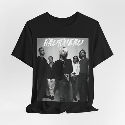 A black graphic t-shirt featuring a retro graphic related to Radiohead's 'OK Computer' album era.