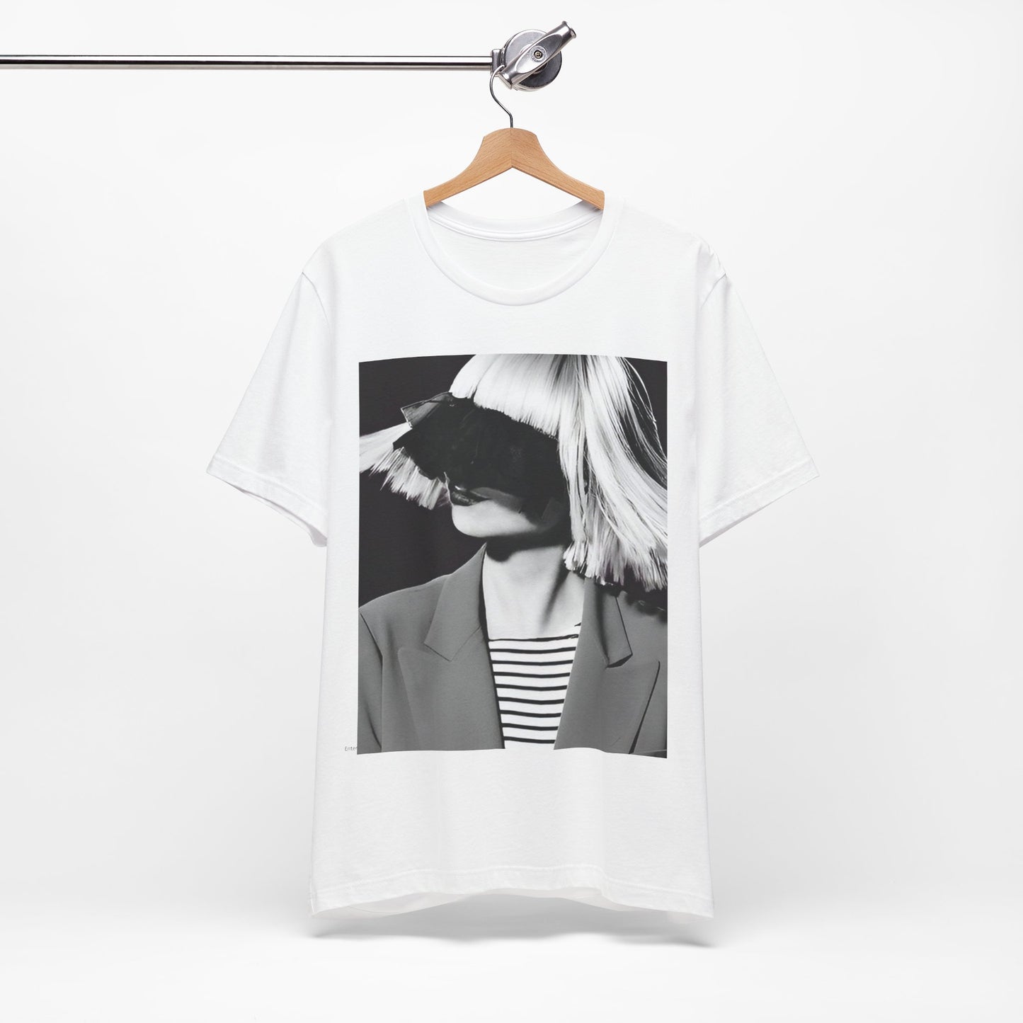A black graphic t-shirt featuring a black and white portrait photo of Sia.