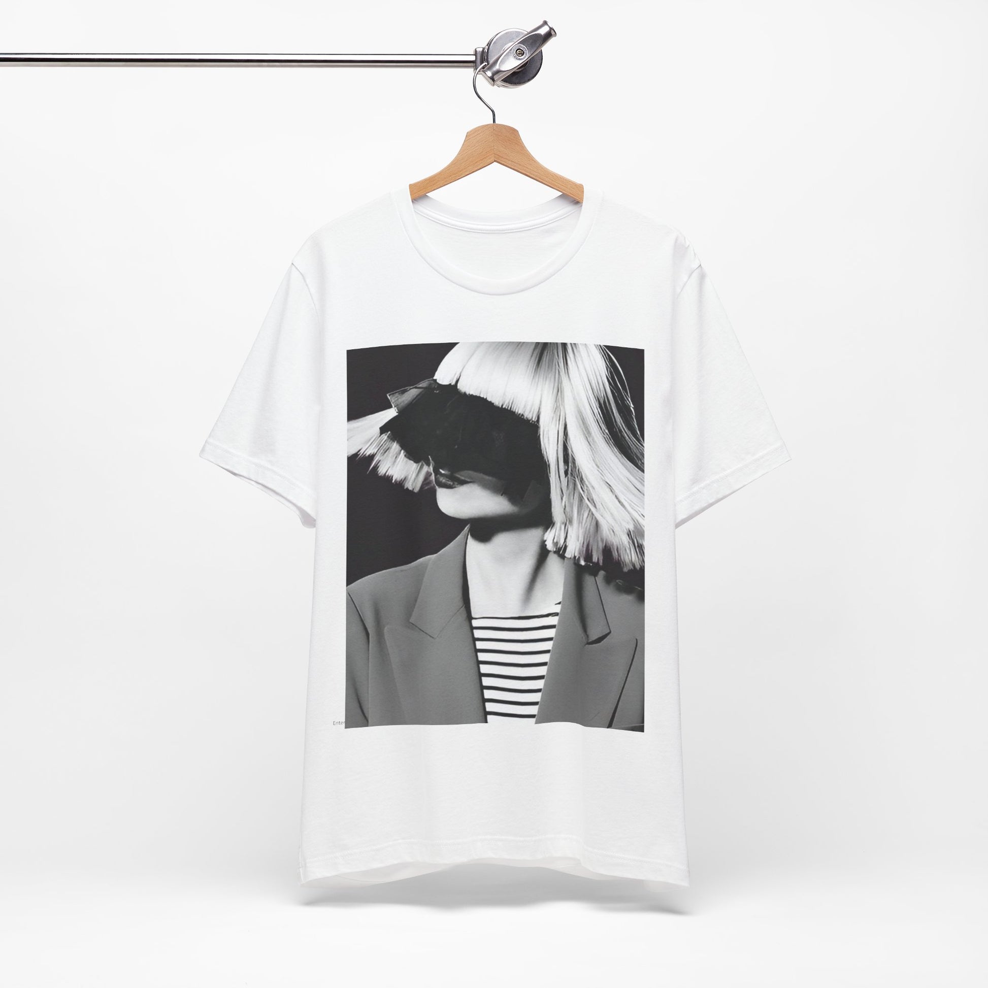 A black graphic t-shirt featuring a black and white portrait photo of Sia.