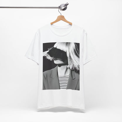 A black graphic t-shirt featuring a black and white portrait photo of Sia.