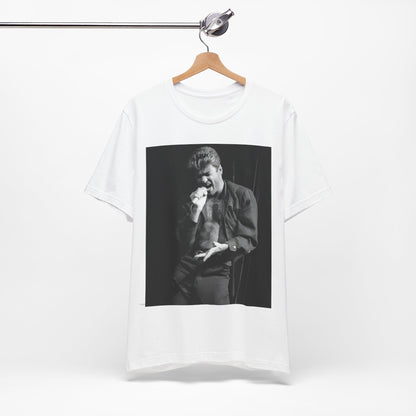 A black graphic t-shirt featuring a glamorous photo or graphic of George Michael performing live.