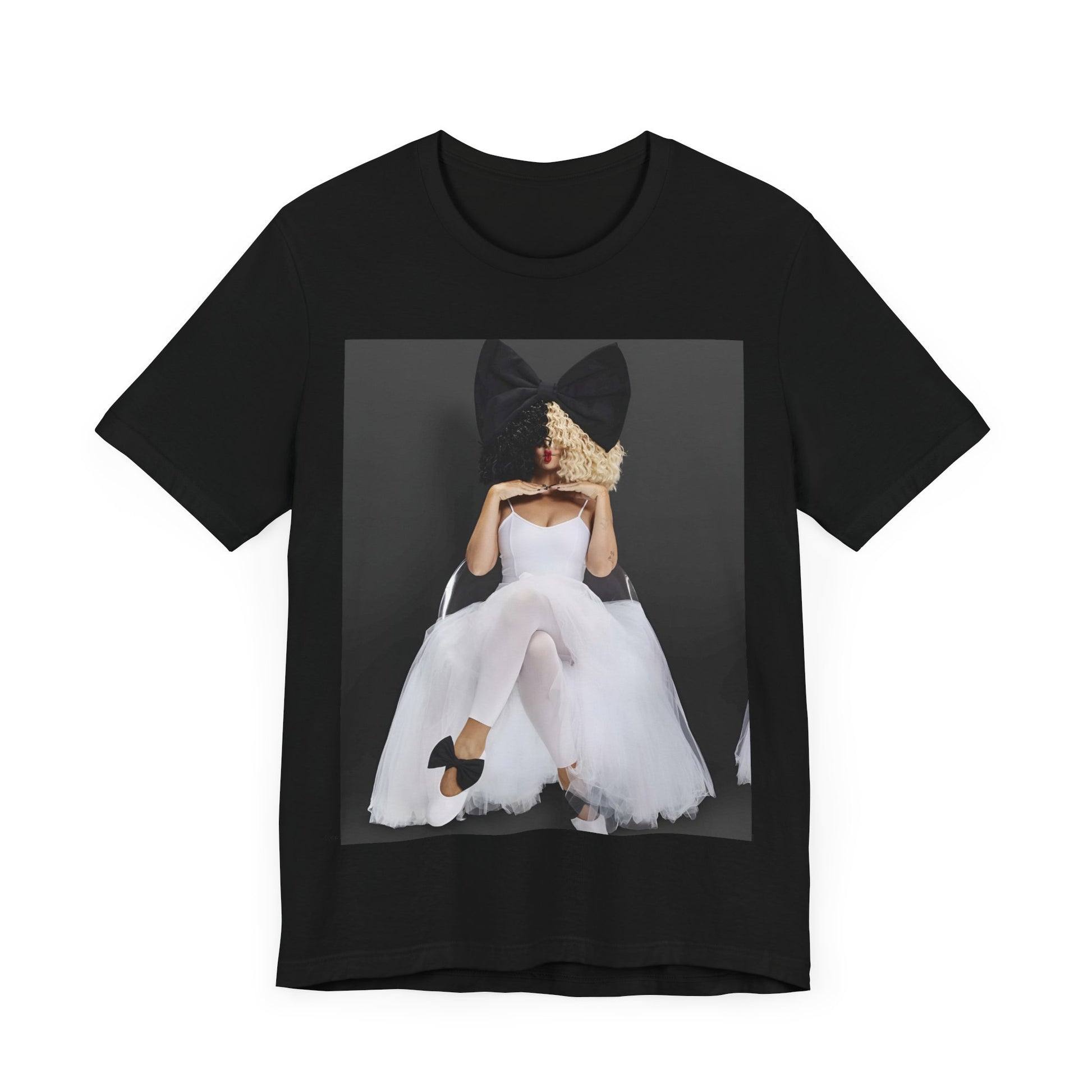 A black graphic t-shirt featuring a graphic of Sia's iconic wig style.