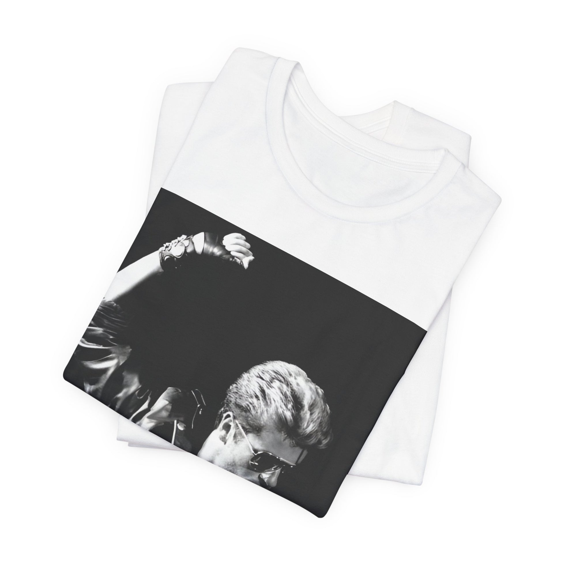 A black graphic t-shirt featuring a black and white photo of George Michael from his 'Faith' album era.