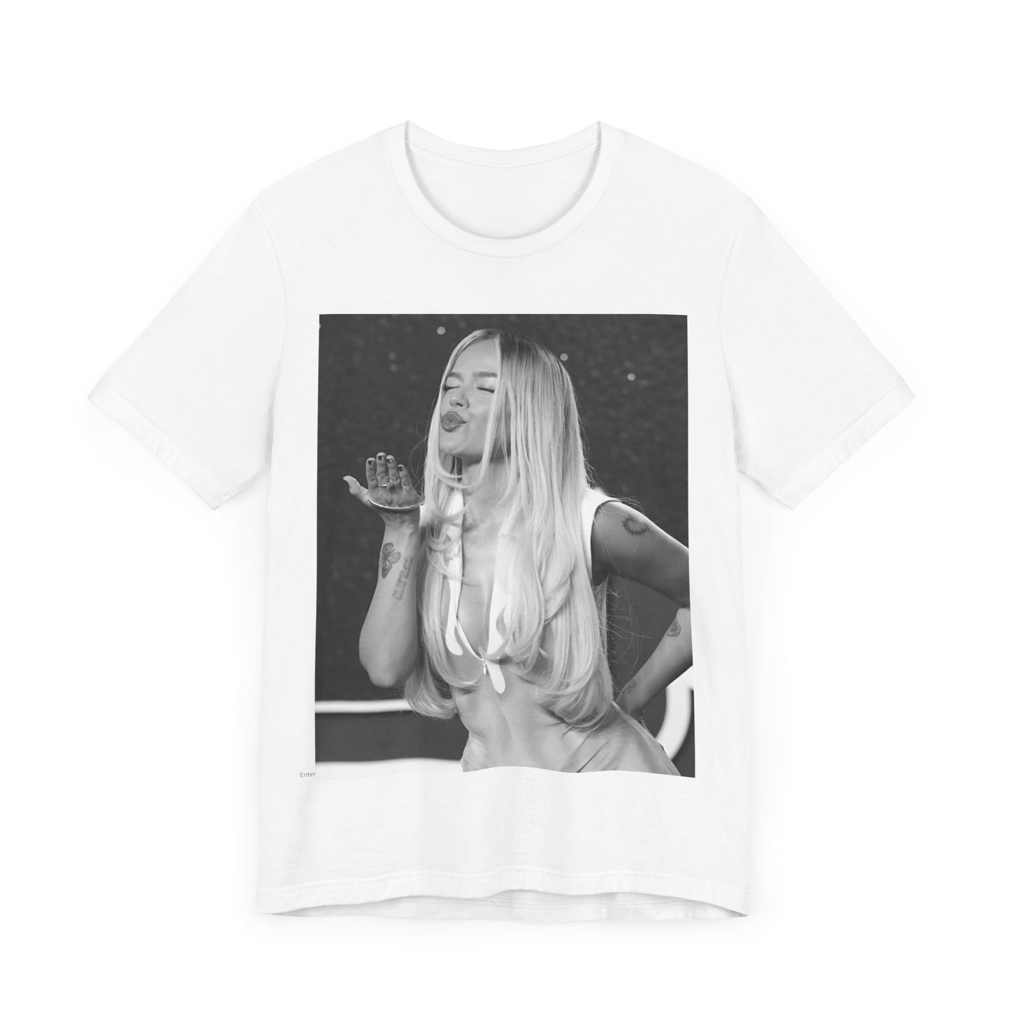 A black graphic t-shirt featuring a graphic of Karol G with a 'La Bichota Kiss' theme.