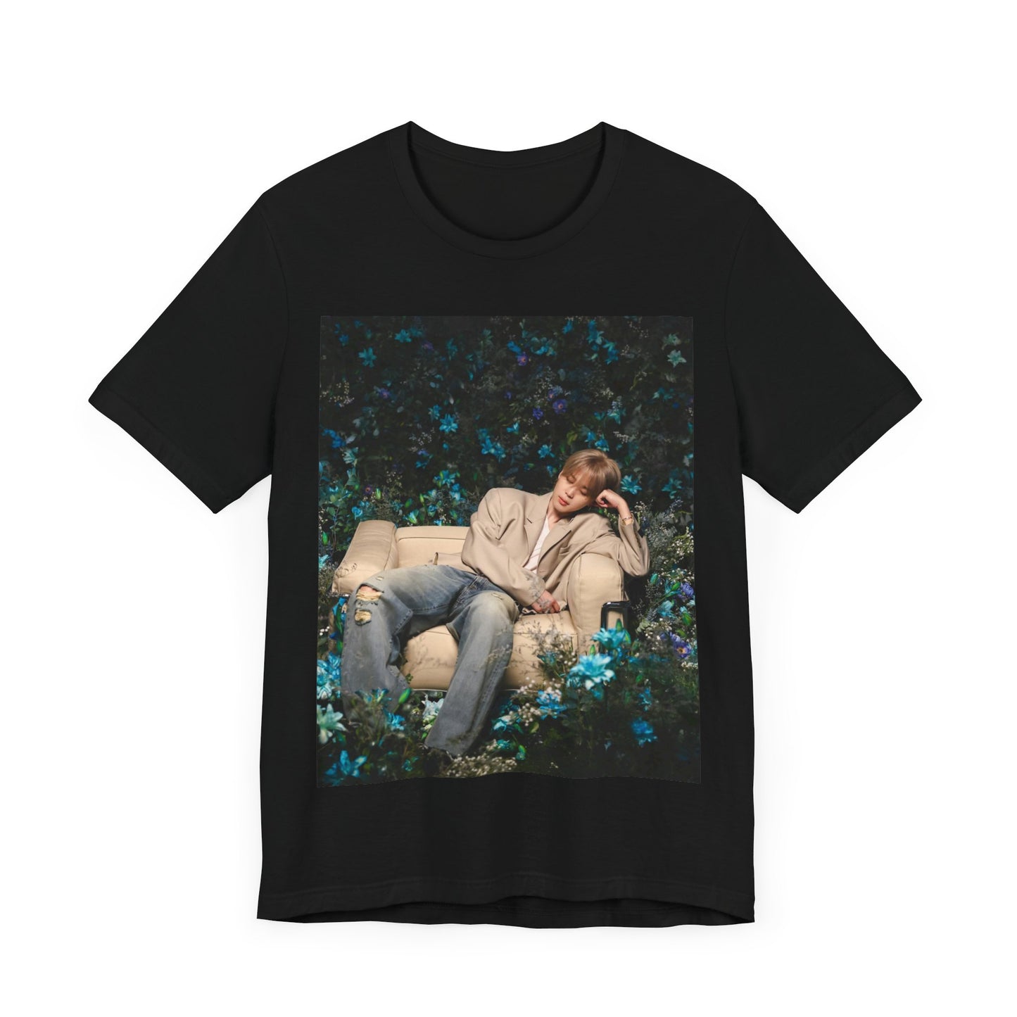 A black graphic t-shirt featuring an aesthetic graphic of Jimin in a K-Pop style.