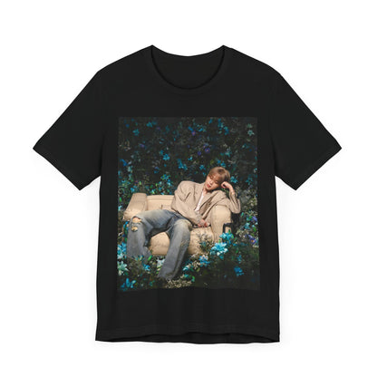 A black graphic t-shirt featuring an aesthetic graphic of Jimin in a K-Pop style.
