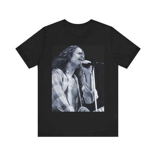 A black graphic t-shirt featuring a retro graphic related to Chris Cornell's 'Superunknown' album era.