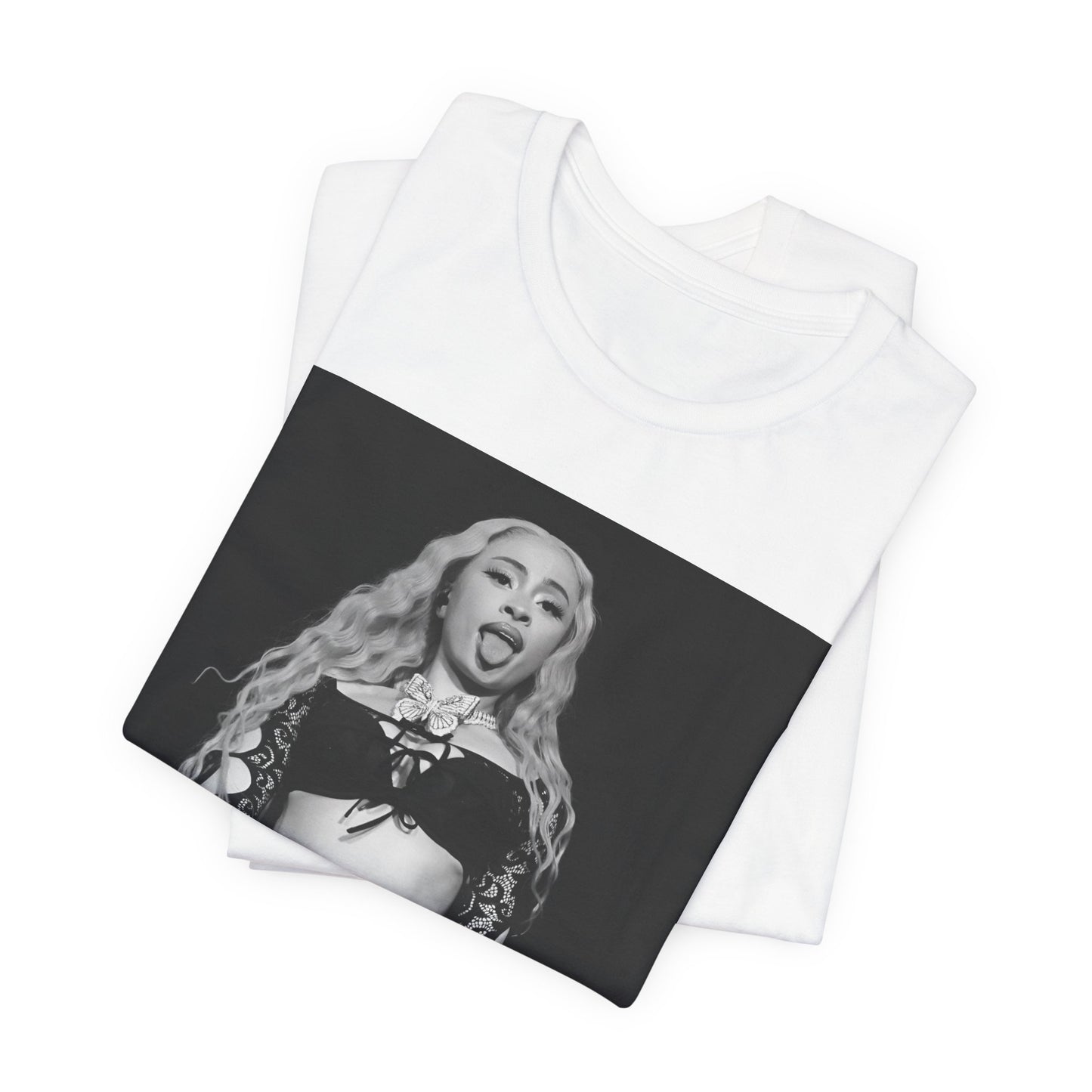 A black graphic t-shirt featuring a black and white graphic related to Ice Spice's song 'Deli', with a 'rap baddie' aesthetic.