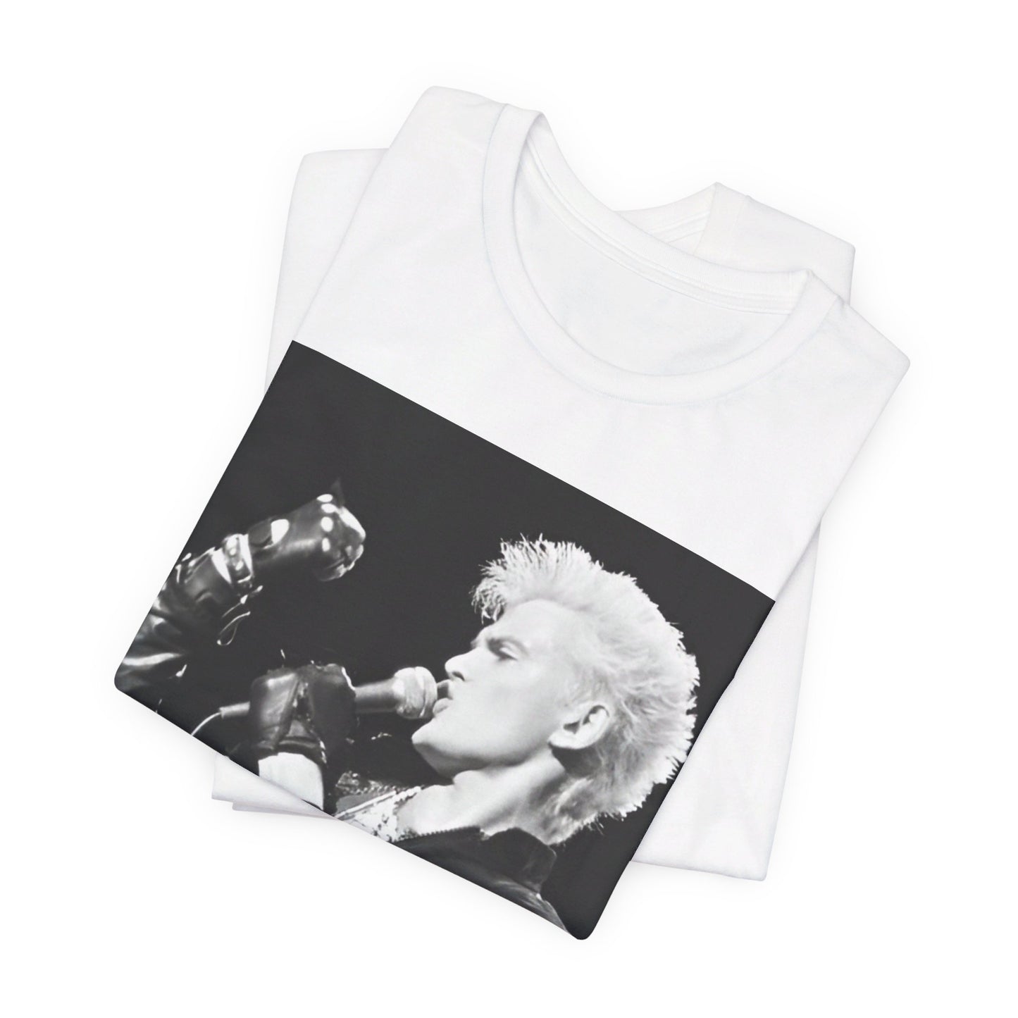 A black graphic t-shirt featuring an iconic 80s black and white concert graphic of Billy Idol performing live on stage.