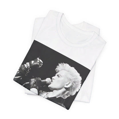 A black graphic t-shirt featuring an iconic 80s black and white concert graphic of Billy Idol performing live on stage.