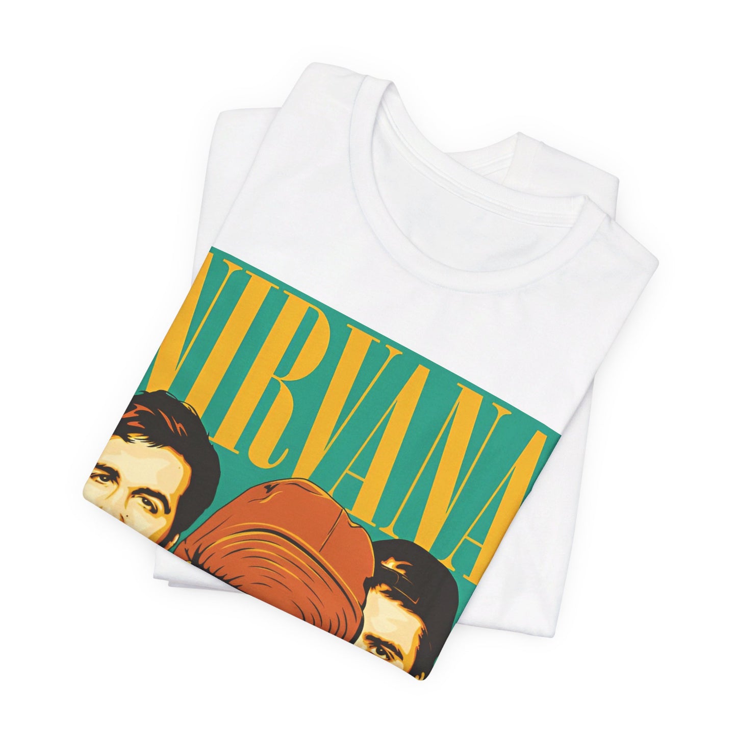 A black graphic t-shirt featuring an artistic or aesthetic pop art graphic of Nirvana.
