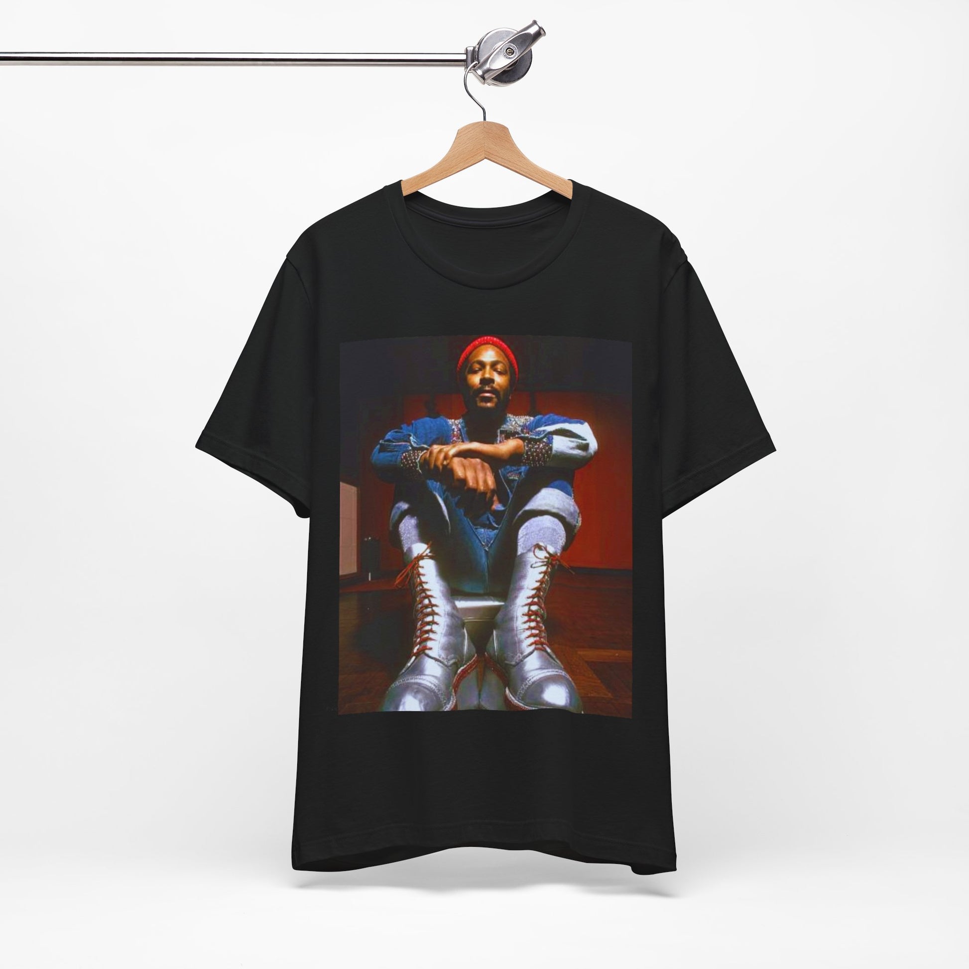 A black graphic t-shirt featuring a graphic of Marvin Gaye as the King of Motown soul legend.