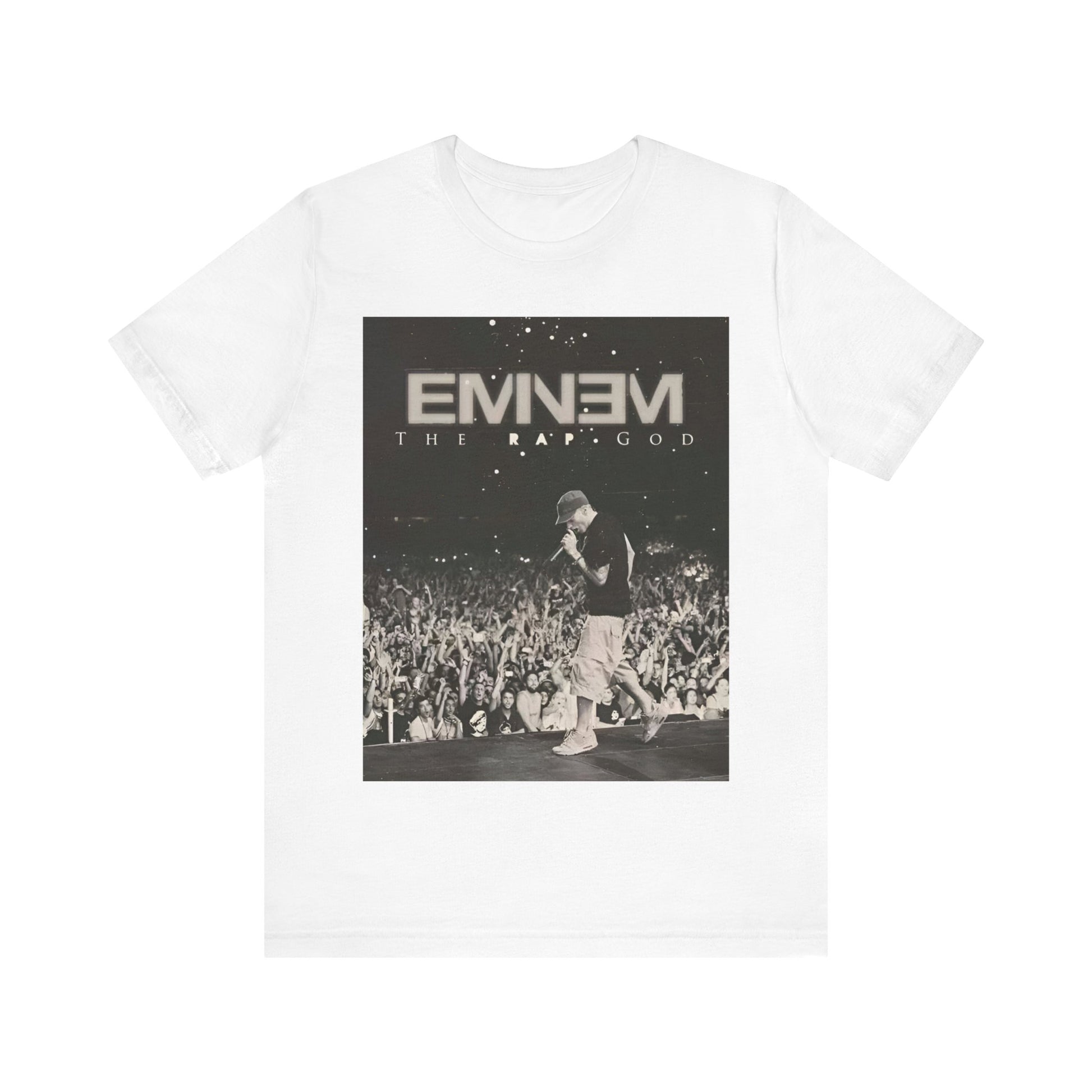 A black graphic t-shirt featuring a graphic or photo of Eminem performing live on tour.