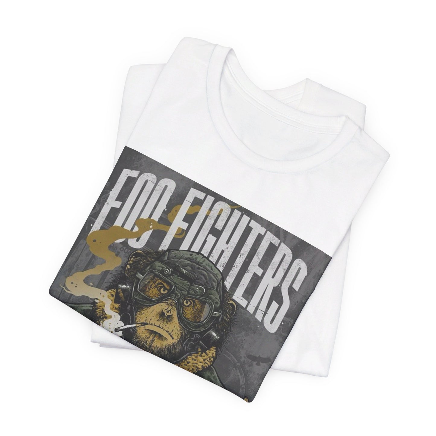 A black graphic t-shirt featuring an aesthetic graphic of a monkey related to Foo Fighters.