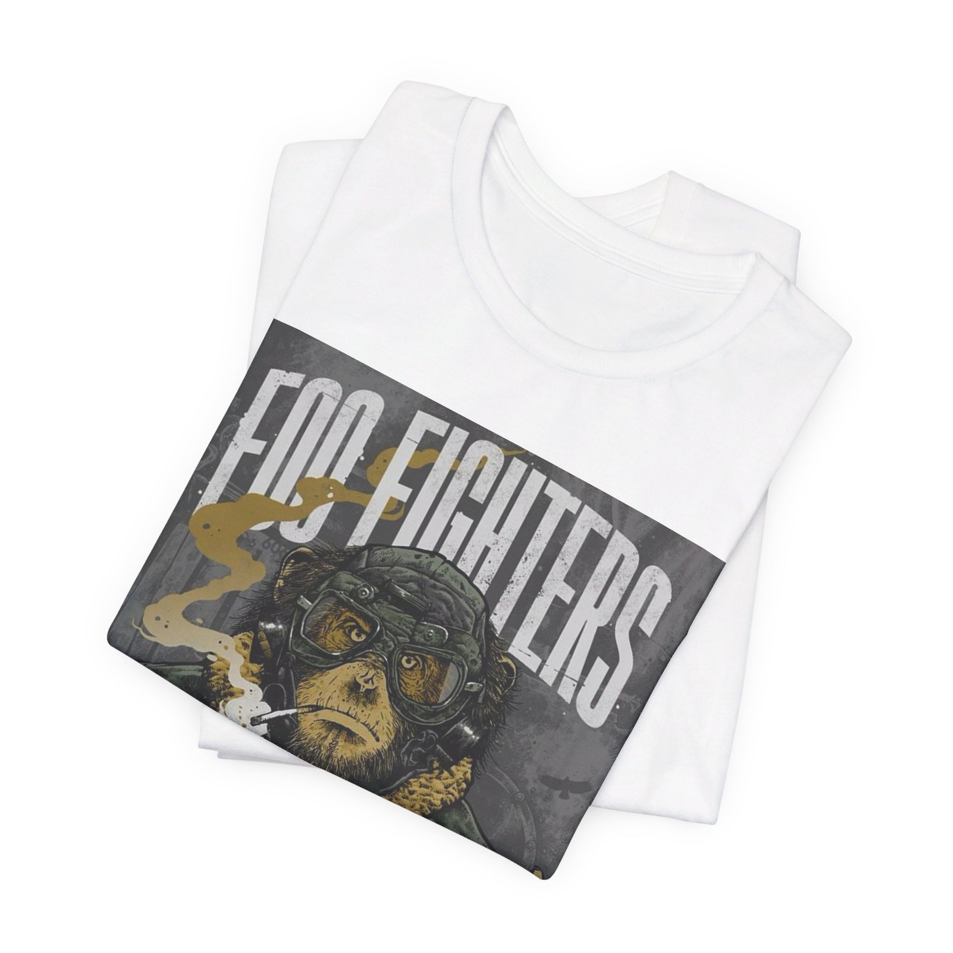 A black graphic t-shirt featuring an aesthetic graphic of a monkey related to Foo Fighters.