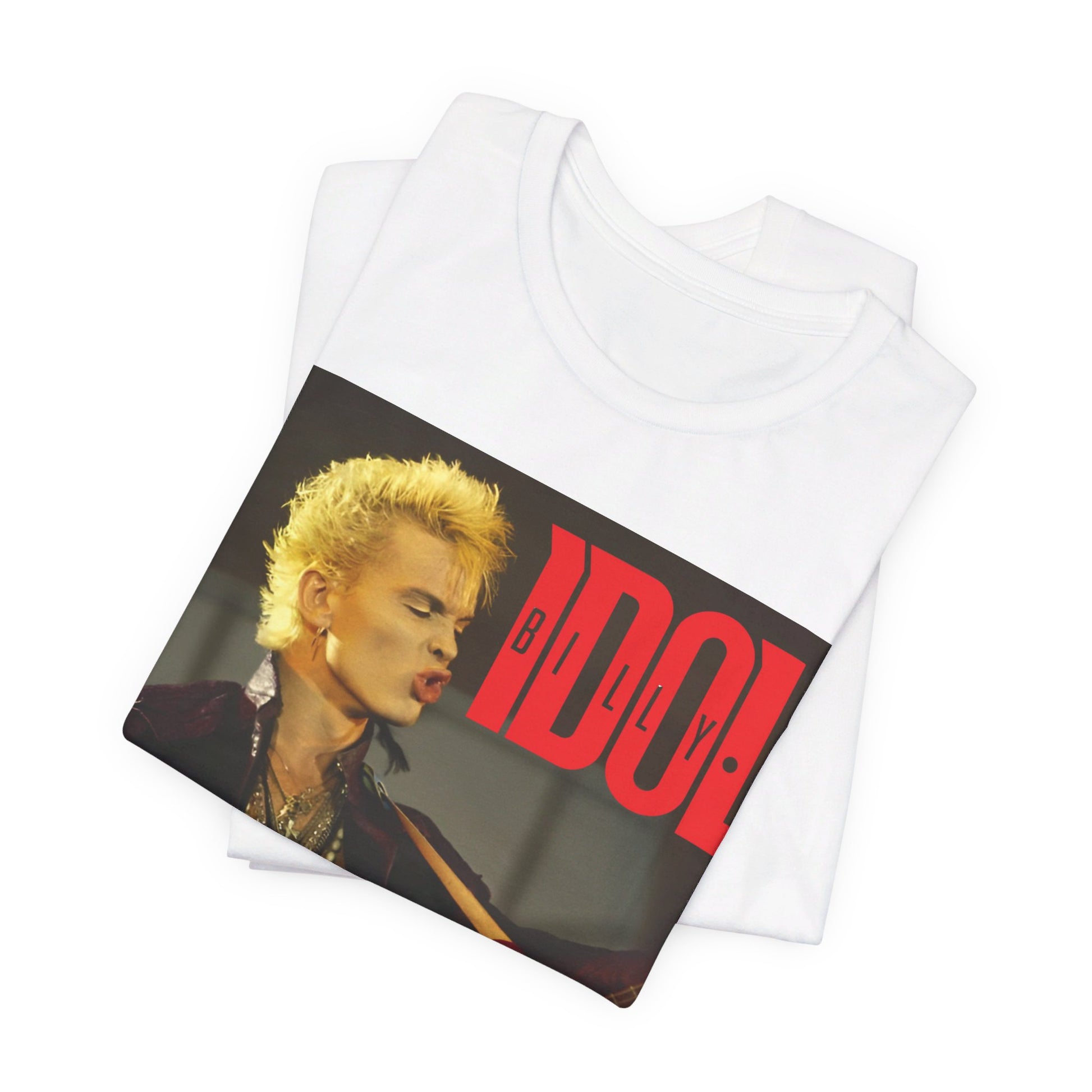 A black graphic t-shirt featuring a retro 80s tour graphic for Billy Idol, possibly with concert imagery or band members in action.