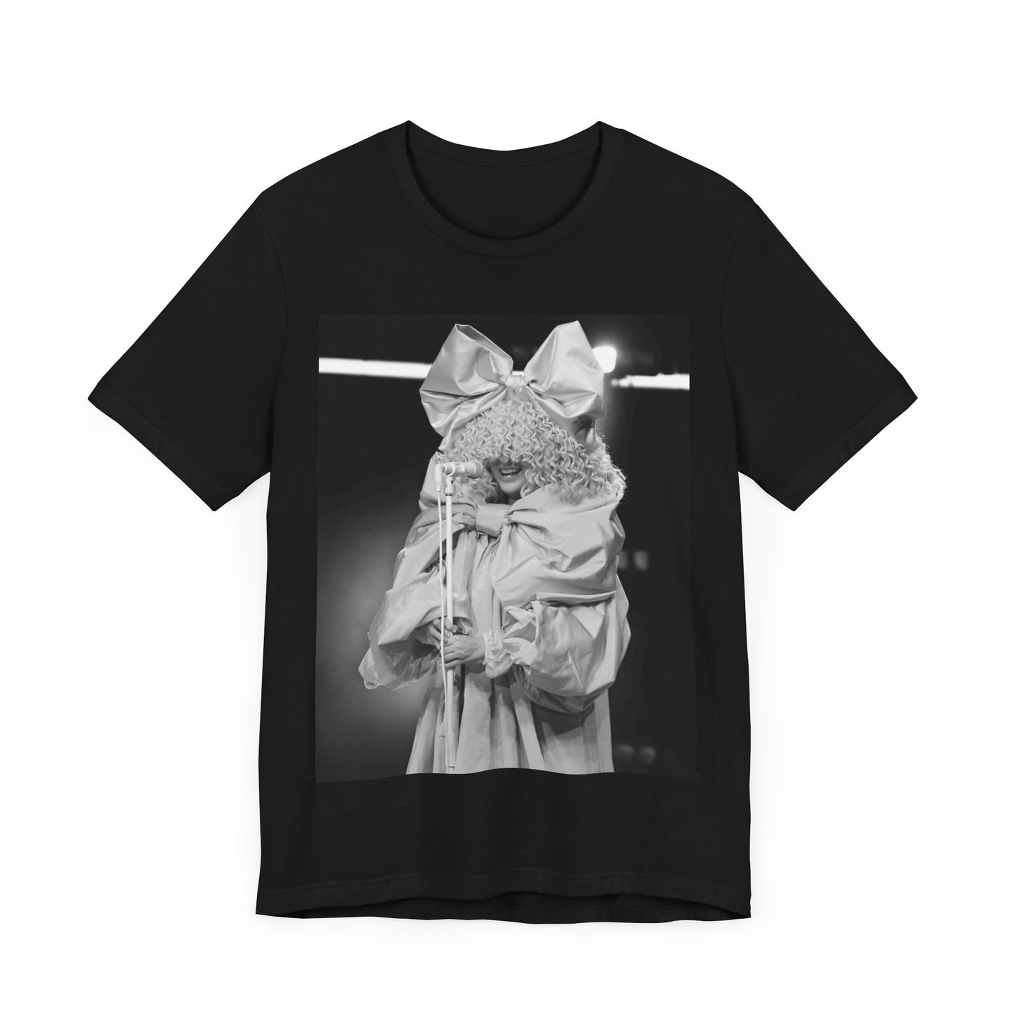 A black graphic t-shirt featuring a black and white, monochrome graphic or photo of Sia.