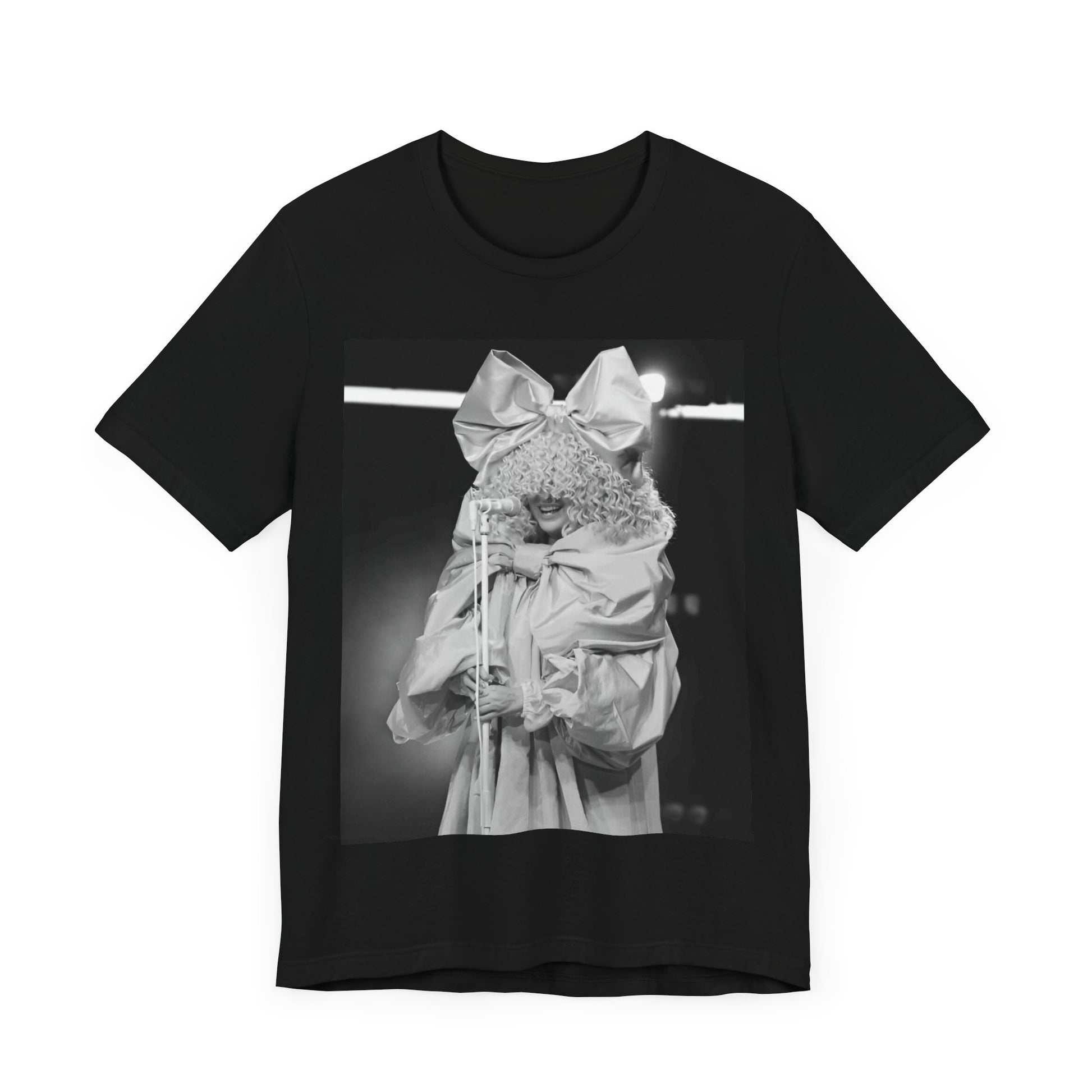 A black graphic t-shirt featuring a black and white, monochrome graphic or photo of Sia.
