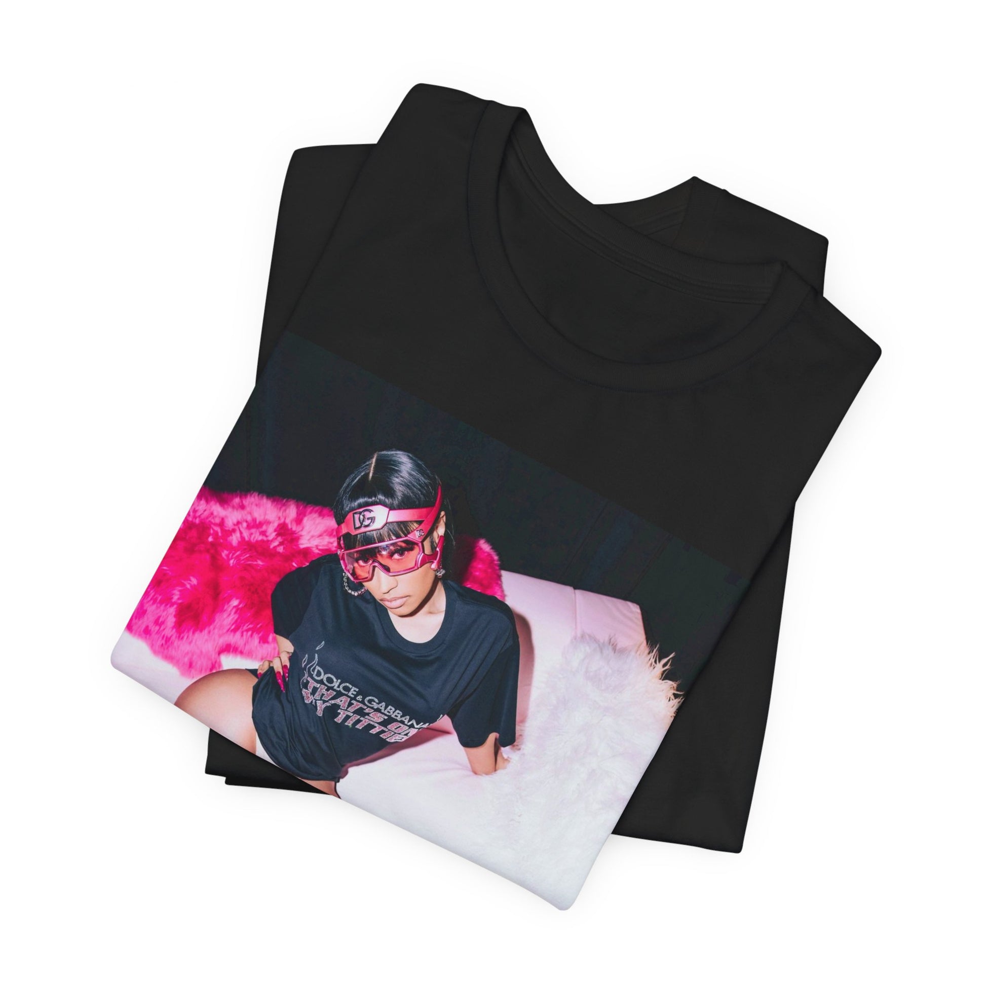 A black graphic t-shirt featuring a classic lifestyle graphic of Nicki Minaj.