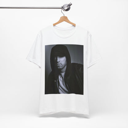 A black graphic t-shirt featuring a black and white, monochrome graphic or photo of Eminem.