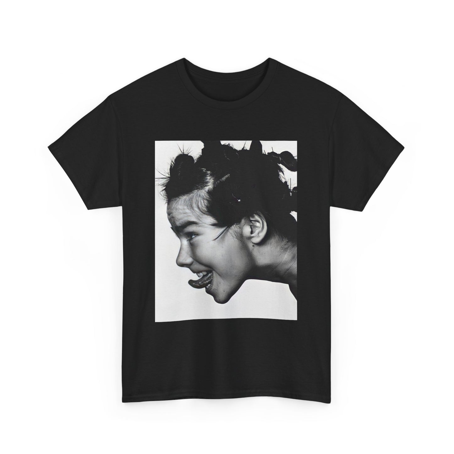 A black graphic t-shirt featuring a graphic of Bjork, designed with an indie 90s aesthetic.