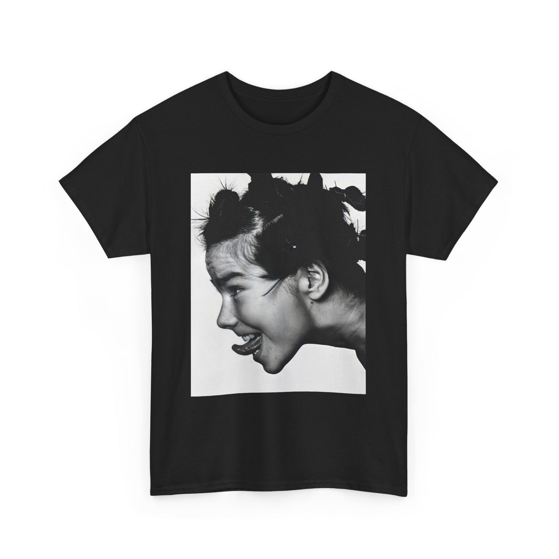 A black graphic t-shirt featuring a graphic of Bjork, designed with an indie 90s aesthetic.