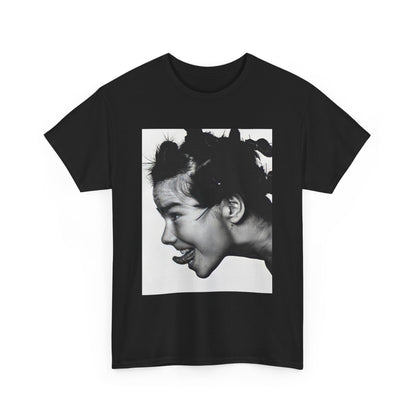 A black graphic t-shirt featuring a graphic of Bjork, designed with an indie 90s aesthetic.