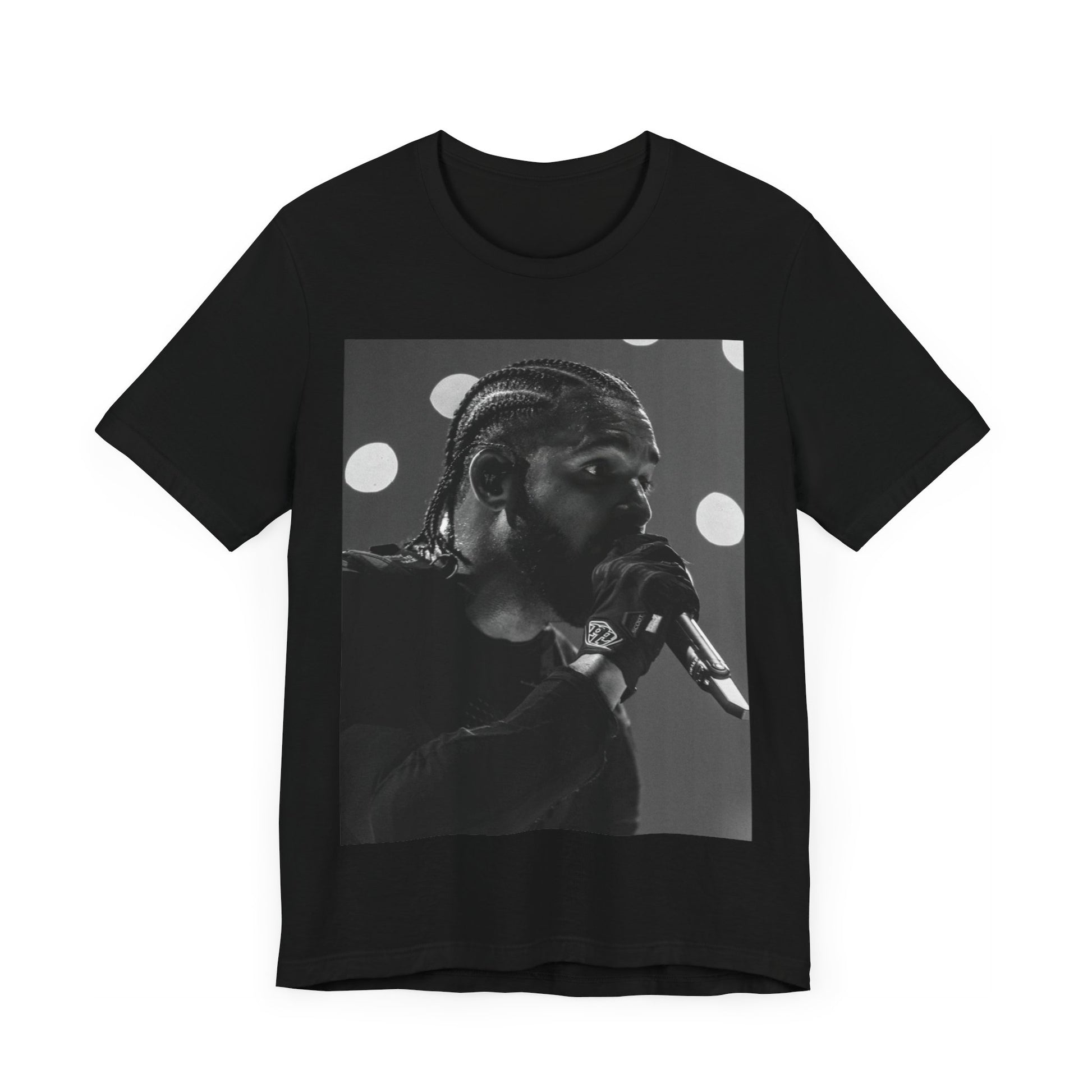 A black graphic t-shirt featuring a classic black and white style graphic of Drake.
