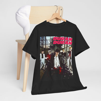 A black graphic t-shirt featuring a graphic of Duran Duran with a chill 80s pop vibe.