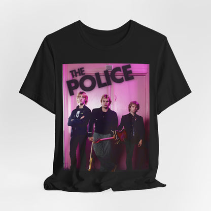 A black graphic t-shirt featuring a classic graphic related to The Police's 'Roxanne' song or era.