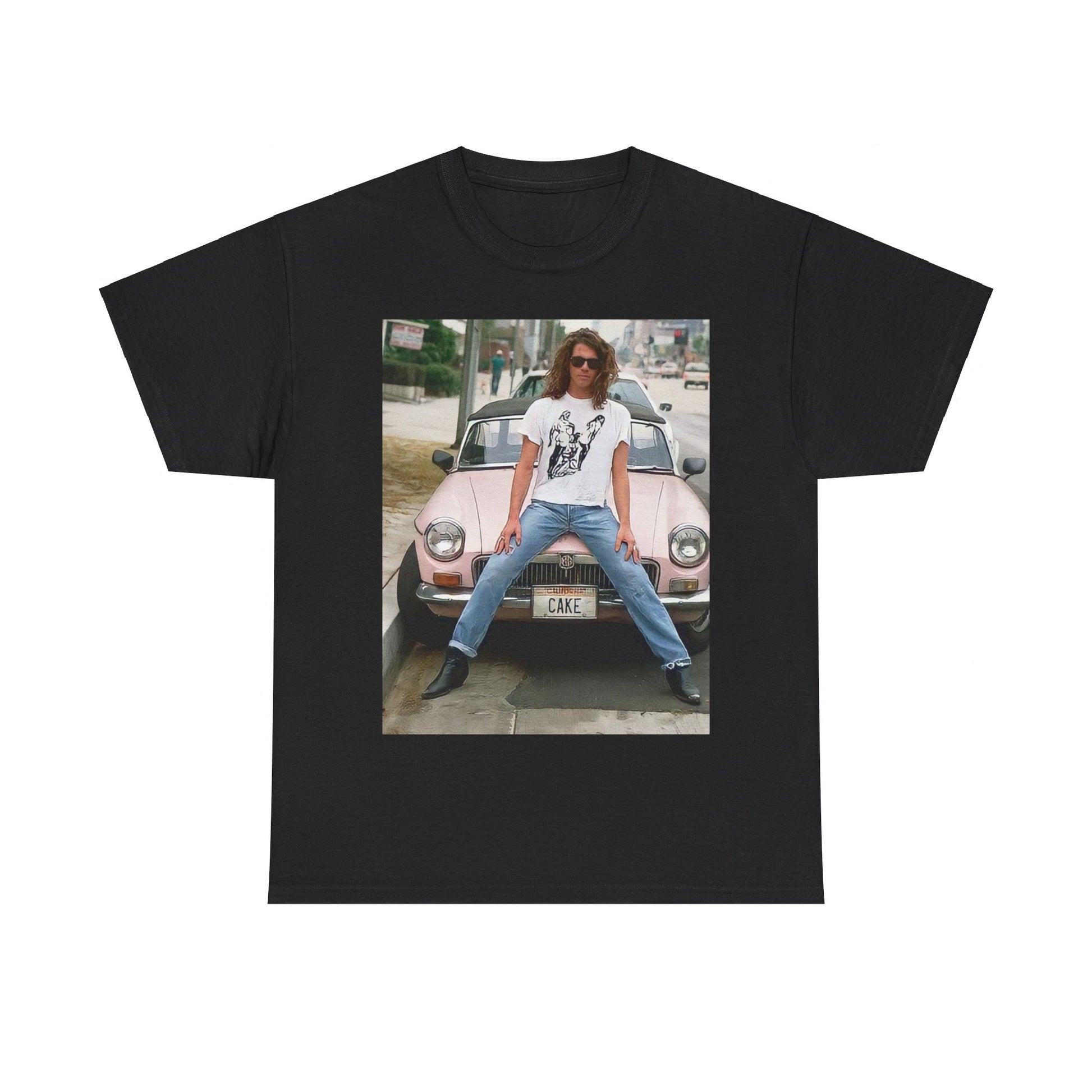 A black graphic t-shirt featuring a vintage photo of INXS band members with a classic car.