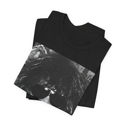 A black graphic t-shirt featuring a graphic or photo of Bon Jovi in a backstage setting.