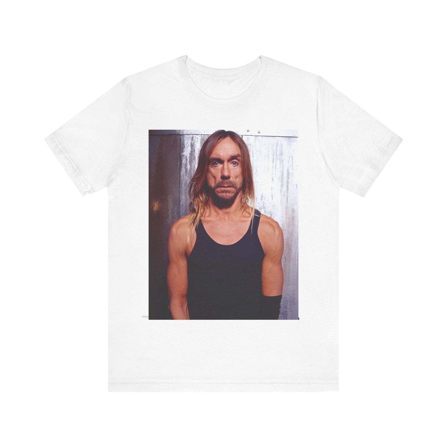 A black graphic t-shirt featuring a 90s vintage proto-punk icon graphic of Iggy Pop.