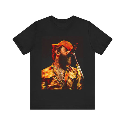 A black graphic t-shirt featuring a graphic or photo of Post Malone performing live on stage.