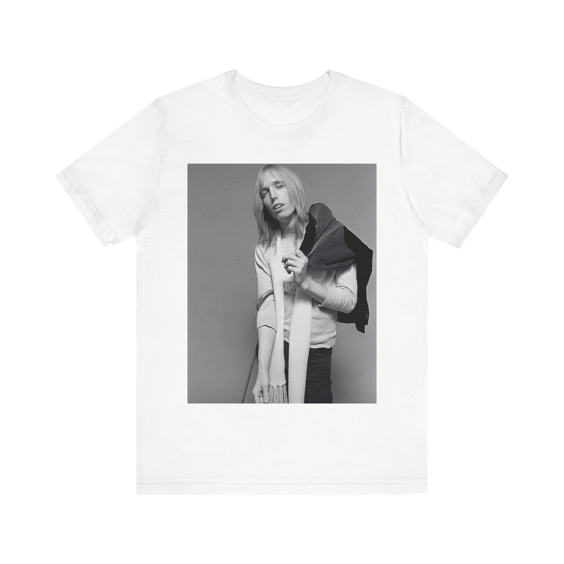 A black graphic t-shirt featuring a modern rock essential graphic of Tom Petty.