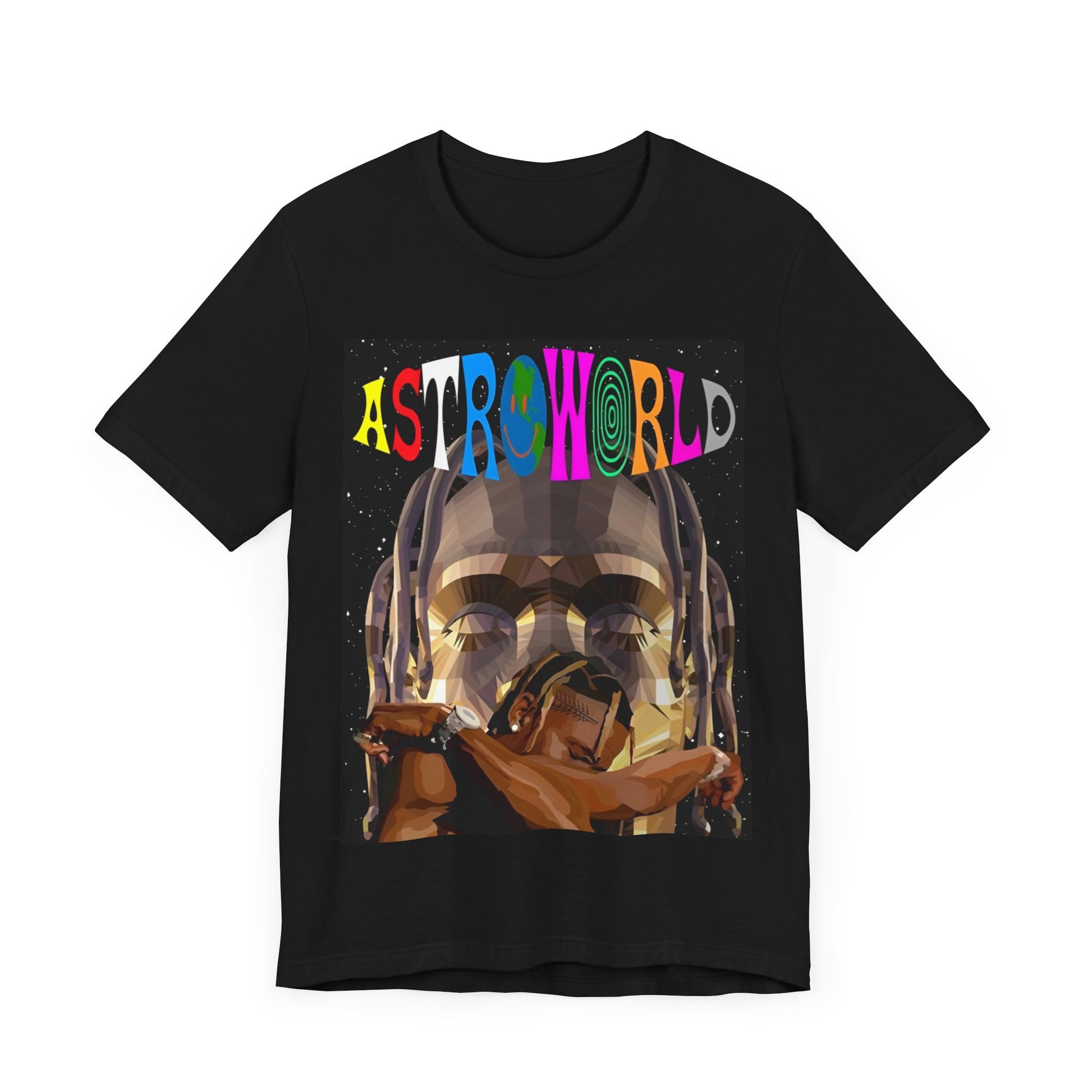 A black graphic t-shirt featuring a graphic related to Travis Scott's Astroworld album era.