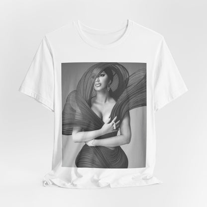 A black graphic t-shirt featuring a black and white graphic of Cardi B, emphasizing her 'Bronx Princess' or rap icon status.