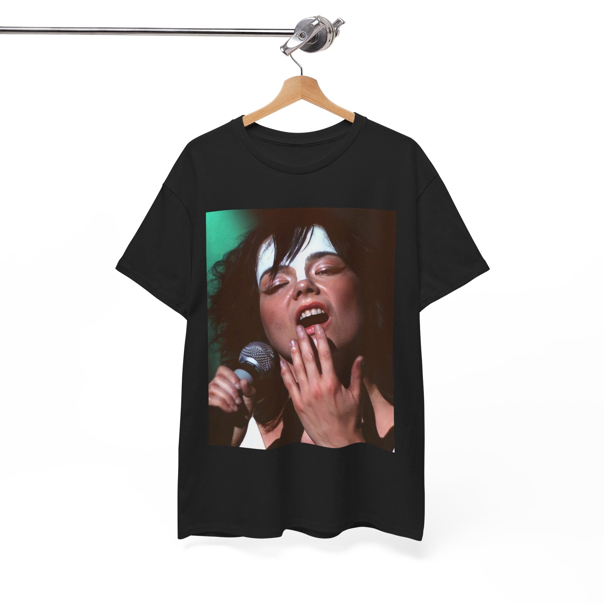 A black graphic t-shirt featuring a graphic of Bjork showcasing her bold and experimental fashion from the 1990s.