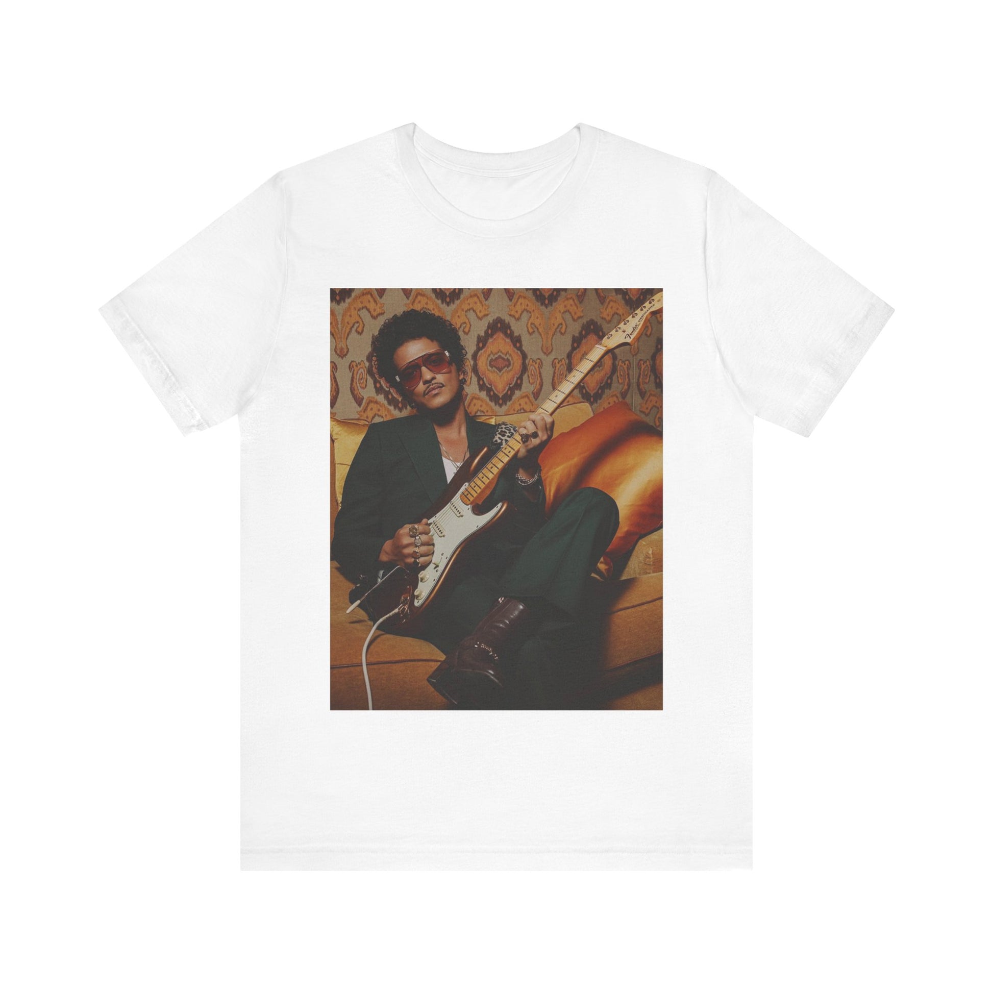 A black graphic t-shirt featuring a graphic of Bruno Mars playing guitar, emphasizing his funk legend status.