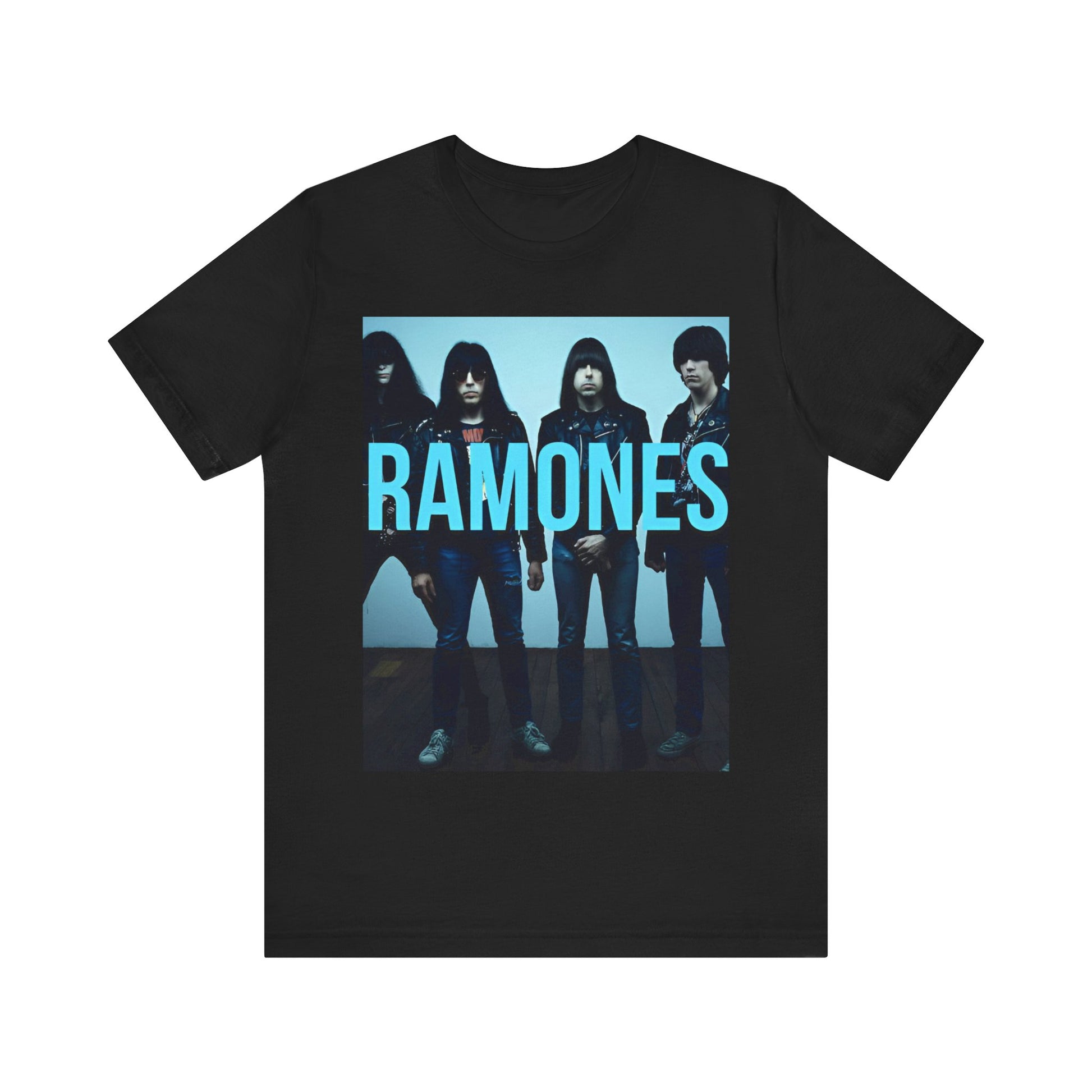 A black graphic t-shirt featuring the album cover art for Ramones' self-titled debut album.