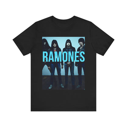 A black graphic t-shirt featuring the album cover art for Ramones' self-titled debut album.