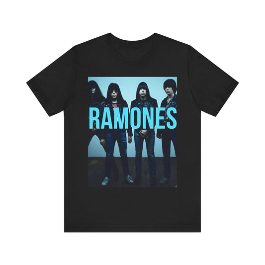 A black graphic t-shirt featuring the album cover art for Ramones' self-titled debut album.