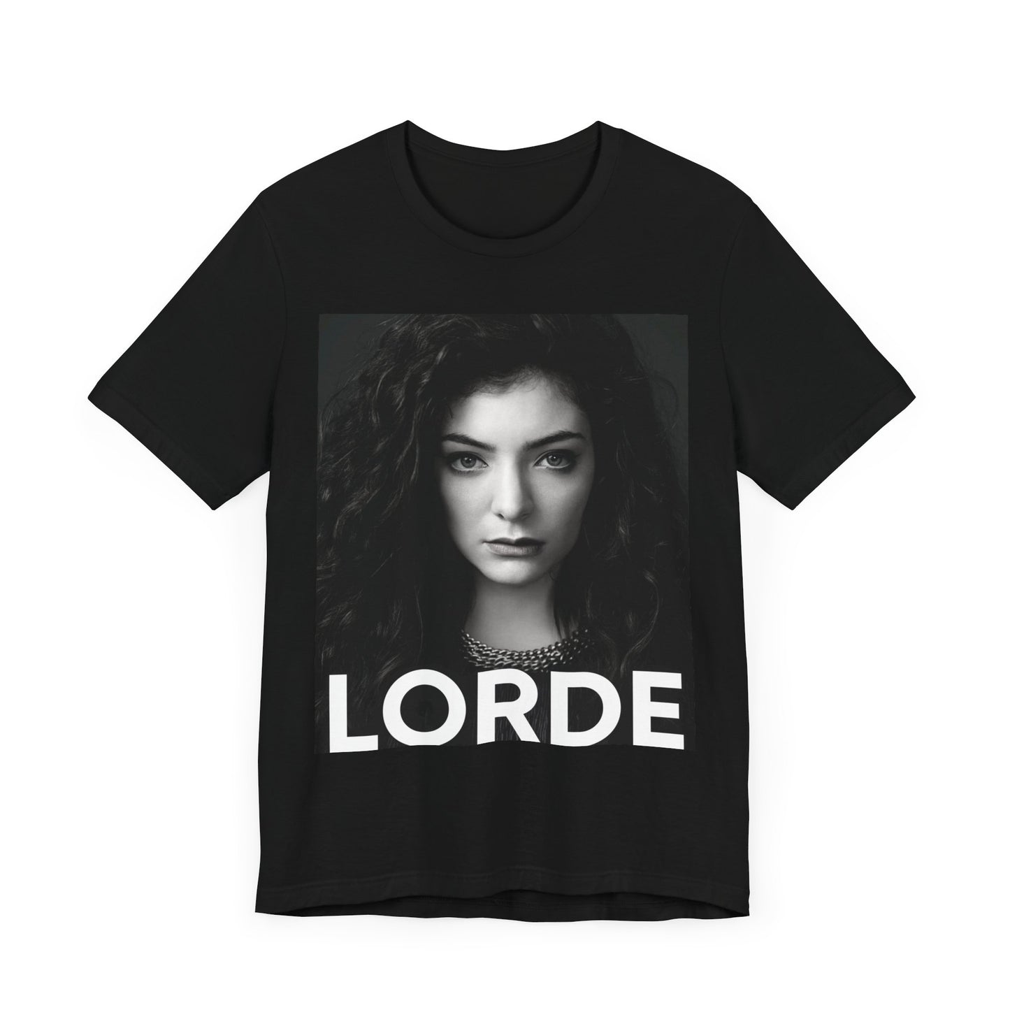 A black graphic t-shirt featuring a casual pop fan graphic of Lorde.