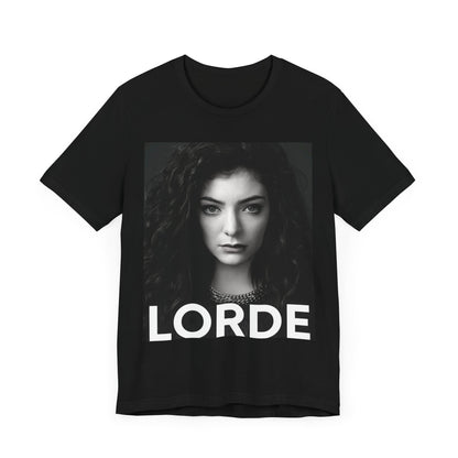A black graphic t-shirt featuring a casual pop fan graphic of Lorde.