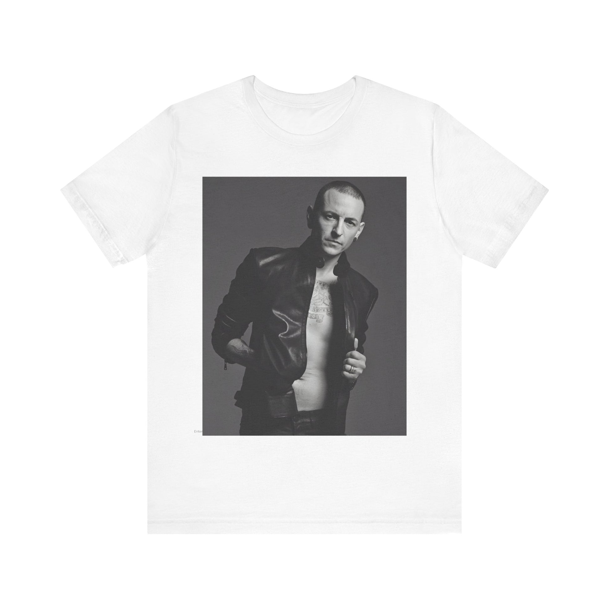 A black graphic t-shirt featuring a graphic of Chester Bennington from Linkin Park as a rock icon.