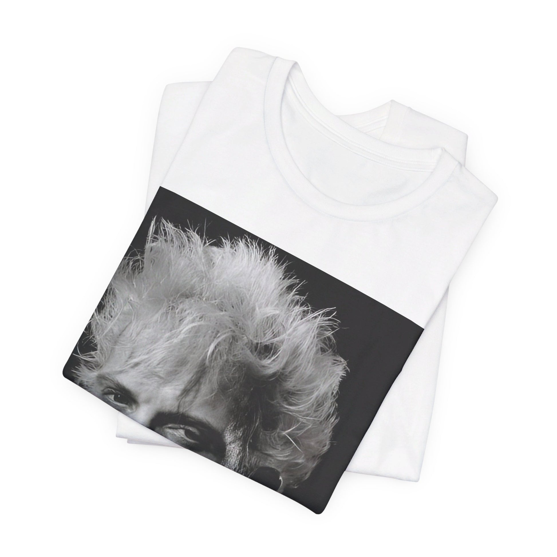 A black graphic t-shirt featuring a bold 80s black and white monochrome graphic of Billy Idol.
