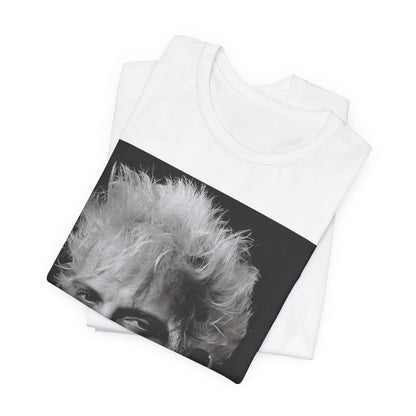 A black graphic t-shirt featuring a bold 80s black and white monochrome graphic of Billy Idol.