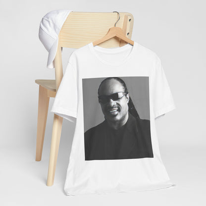 A black graphic t-shirt featuring a classic Motown legend black and white graphic of Stevie Wonder.