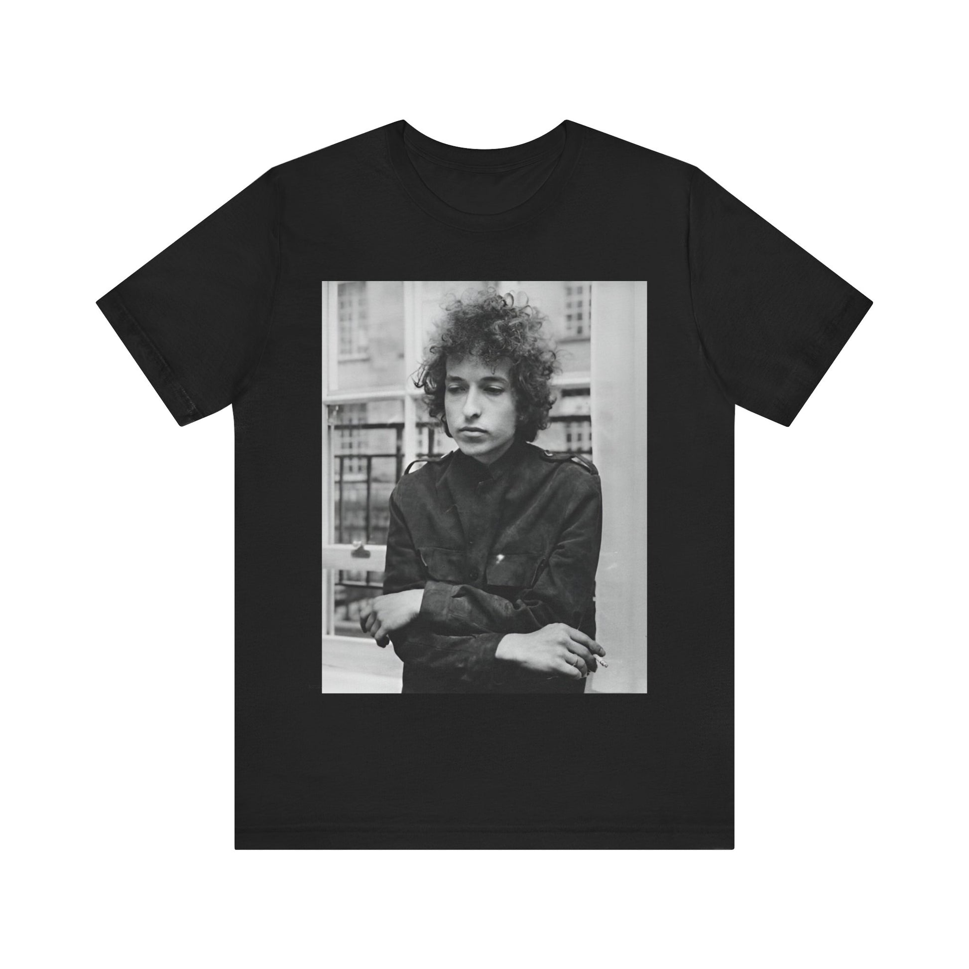 A black graphic t-shirt featuring a black and white graphic of Bob Dylan from the folk revival era.